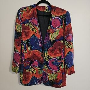 Sanyo Vintage Silk Vibrant Tropical Sea Life Red Blue Green Blazer Jacket Medium
